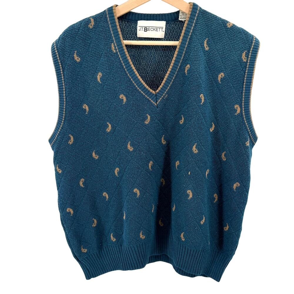 Vintage 90s J.T. Beckett Indigo Blue Paisley V-Neck Sweater Vest